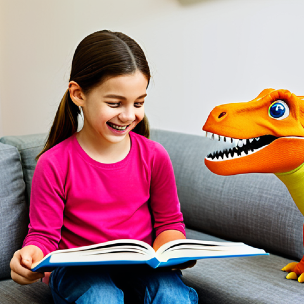 A cheerful child, approximately 6 years old, fully clothed in comfortable, modest attire, engaged in a personalized language learning activity. They are intensely focused on a colorful book about dinosaurs, guided by a compassionate professional adult (therapist or parent). The setting is a warm, inviting, child-friendly therapy room with soft natural light. fully clothed, appropriate attire, modest clothing, safe for work, appropriate content, family-friendly, perfect anatomy, correct proportions, natural pose, well-formed hands, proper finger count, natural body proportions, professional photography, high resolution, joyful atmosphere.