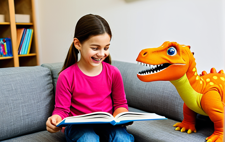 A cheerful child, approximately 6 years old, fully clothed in comfortable, modest attire, engaged in a personalized language learning activity. They are intensely focused on a colorful book about dinosaurs, guided by a compassionate professional adult (therapist or parent). The setting is a warm, inviting, child-friendly therapy room with soft natural light. fully clothed, appropriate attire, modest clothing, safe for work, appropriate content, family-friendly, perfect anatomy, correct proportions, natural pose, well-formed hands, proper finger count, natural body proportions, professional photography, high resolution, joyful atmosphere.