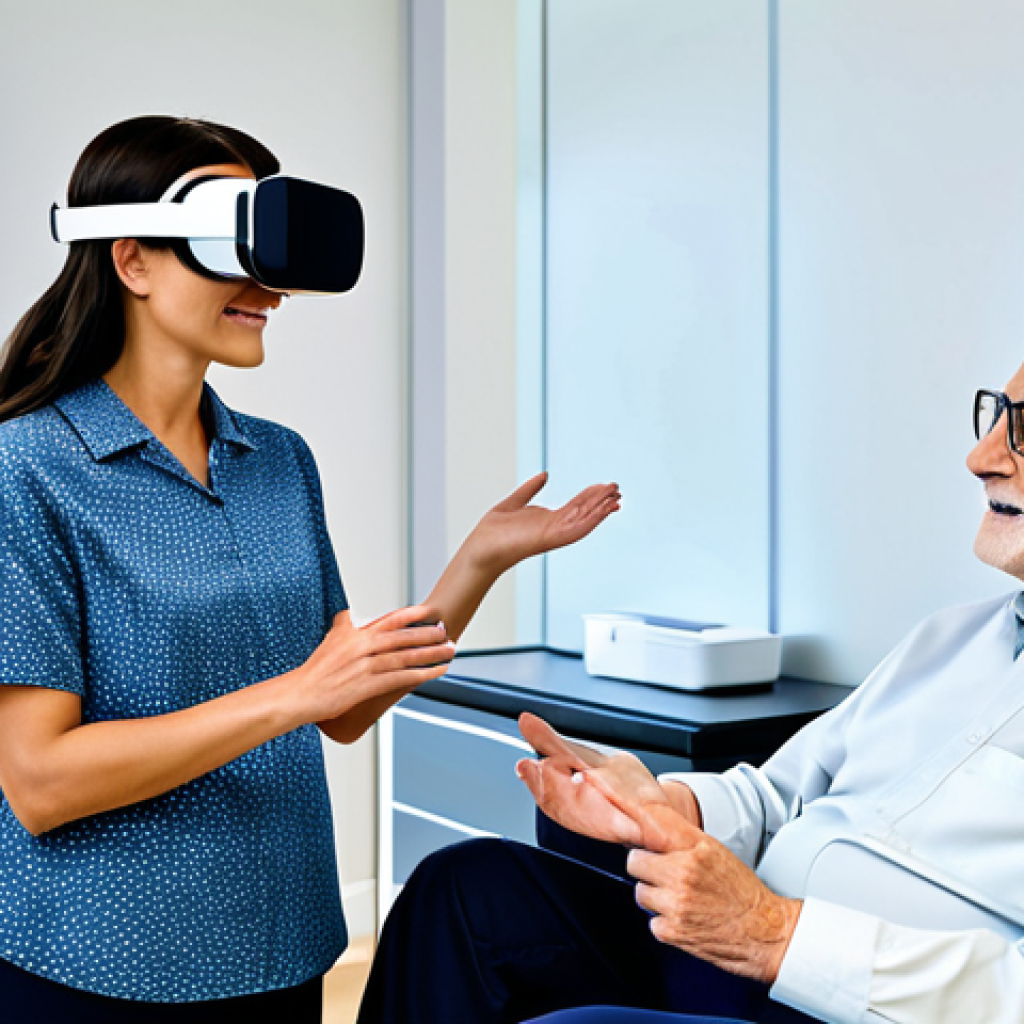 A professional female speech-language pathologist in her late 30s, dressed in modest, professional business casual attire, gently guides an elderly male patient. The patient, fully clothed in appropriate, comfortable attire, is engaged in a rehabilitation activity using a modern, sleek VR headset. They are in a bright, clean, and modern therapy room, with a digital screen in the background subtly displaying abstract AI-driven data visualizations related to communication or rehabilitation progress. The atmosphere is one of calm focus and compassionate care. perfect anatomy, correct proportions, natural pose, well-formed hands, proper finger count, natural body proportions, high-quality, professional photography, soft studio lighting, ultra-detailed, safe for work, appropriate content, fully clothed, professional, modest.