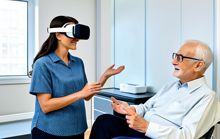 A professional female speech-language pathologist in her late 30s, dressed in modest, professional business casual attire, gently guides an elderly male patient. The patient, fully clothed in appropriate, comfortable attire, is engaged in a rehabilitation activity using a modern, sleek VR headset. They are in a bright, clean, and modern therapy room, with a digital screen in the background subtly displaying abstract AI-driven data visualizations related to communication or rehabilitation progress. The atmosphere is one of calm focus and compassionate care. perfect anatomy, correct proportions, natural pose, well-formed hands, proper finger count, natural body proportions, high-quality, professional photography, soft studio lighting, ultra-detailed, safe for work, appropriate content, fully clothed, professional, modest.