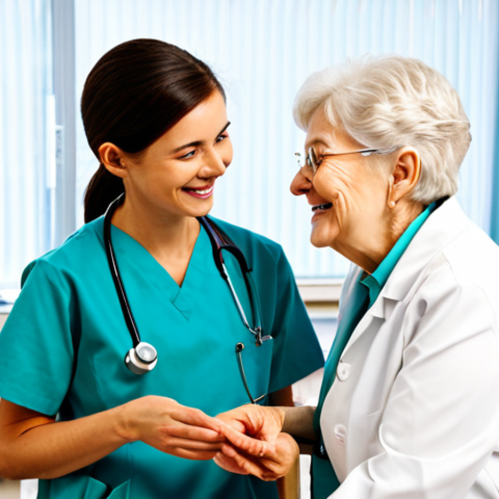 A compassionate female Speech-Language Pathologist in a clean white lab coat over professional scrubs, gently interacting with a smiling elderly female patient. They are in a bright, modern rehabilitation room with natural light, featuring rehabilitation equipment in the background. The ST is holding a communication aid and maintaining warm eye contact, demonstrating empathetic support during a communication exercise. The elderly patient looks engaged and responsive. Professional photography, realistic, high resolution, soft lighting, sharp focus, vibrant colors, clear details. fully clothed, modest clothing, appropriate attire, professional dress, safe for work, appropriate content, professional, family-friendly, perfect anatomy, correct proportions, natural pose, well-formed hands, proper finger count, natural body proportions.