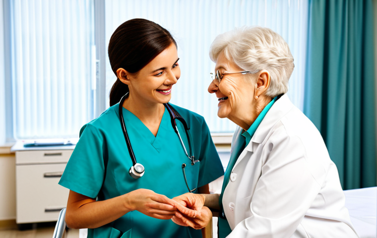 A compassionate female Speech-Language Pathologist in a clean white lab coat over professional scrubs, gently interacting with a smiling elderly female patient. They are in a bright, modern rehabilitation room with natural light, featuring rehabilitation equipment in the background. The ST is holding a communication aid and maintaining warm eye contact, demonstrating empathetic support during a communication exercise. The elderly patient looks engaged and responsive. Professional photography, realistic, high resolution, soft lighting, sharp focus, vibrant colors, clear details. fully clothed, modest clothing, appropriate attire, professional dress, safe for work, appropriate content, professional, family-friendly, perfect anatomy, correct proportions, natural pose, well-formed hands, proper finger count, natural body proportions.
