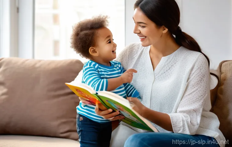 말소리 치료 - A heartwarming scene of a caring mother and her young toddler in a brightly lit, cozy living room. T...