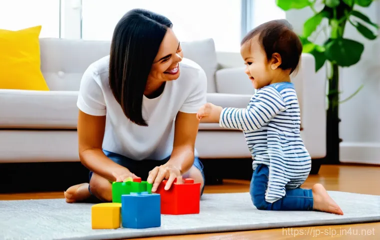 어린이의 구술 발달 - **Prompt 1: Playful Learning with Building Blocks**
    A happy, bright, and cozy living room scene....